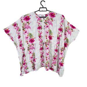Womens Hawaiian Hangover White & Pink Floral Kimono Style Top Rayon One Size